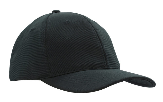 A black cap with a curved brim, featuring a textured twill fabric and a logo on the front.