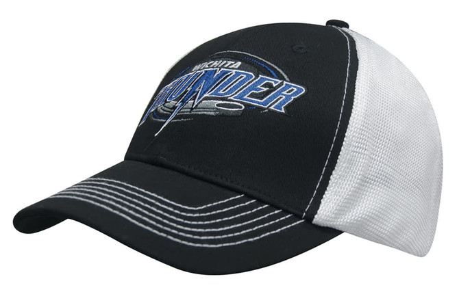 A black and white cap with a mesh back and embroidered logo on the front.