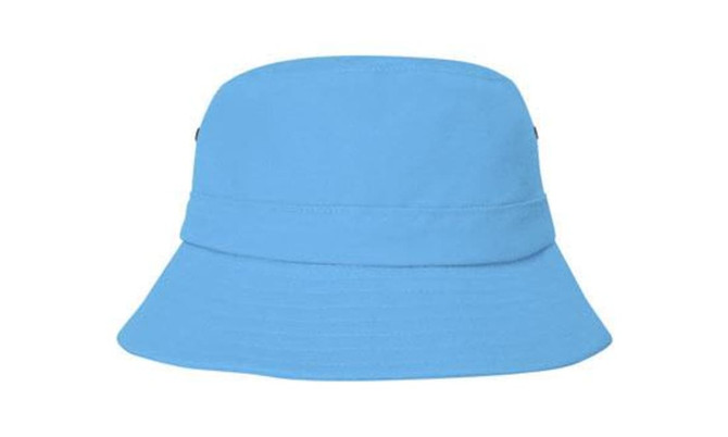 A blue children's bucket hat with a wide brim and a logo on the side.