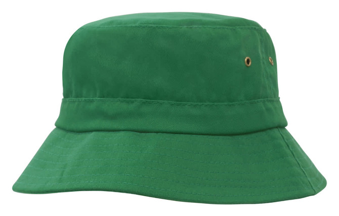 A green bucket hat with a wide brim and eyelet detailing, featuring a logo or branding.