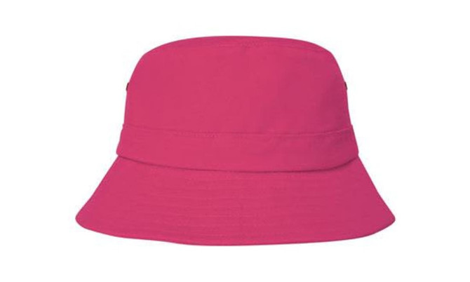 A pink infants bucket hat with a wide brim and a logo on the side.