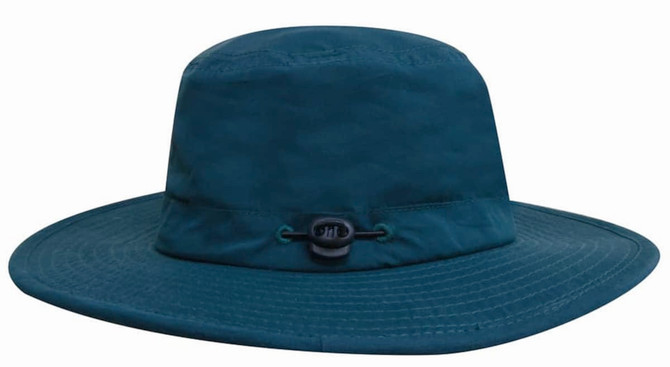 A dark blue microfibre adjustable bucket hat with a wide brim and a toggle for fit adjustment.