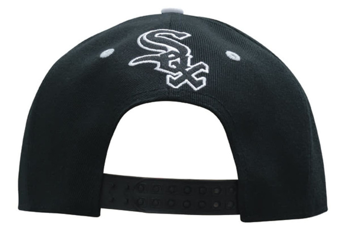 A black cap with a snapback style, featuring an embroidered logo on the back.