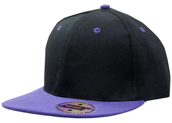 A black and purple snapback cap with a flat brim and a branded patch on the front.