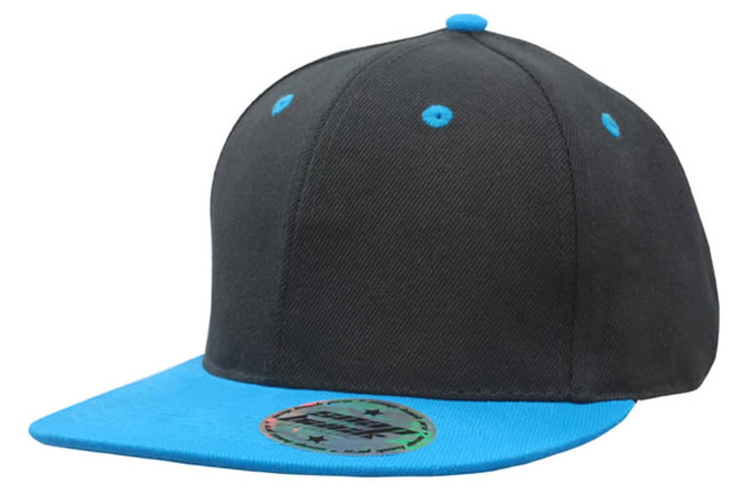 A black cap with a blue peak, featuring a logo and snapback style.
