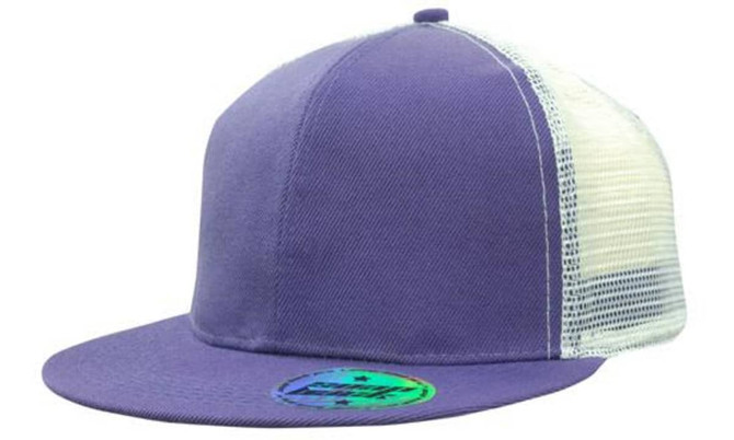 A purple cap with a mesh back and snapback closure, featuring a logo on the front.