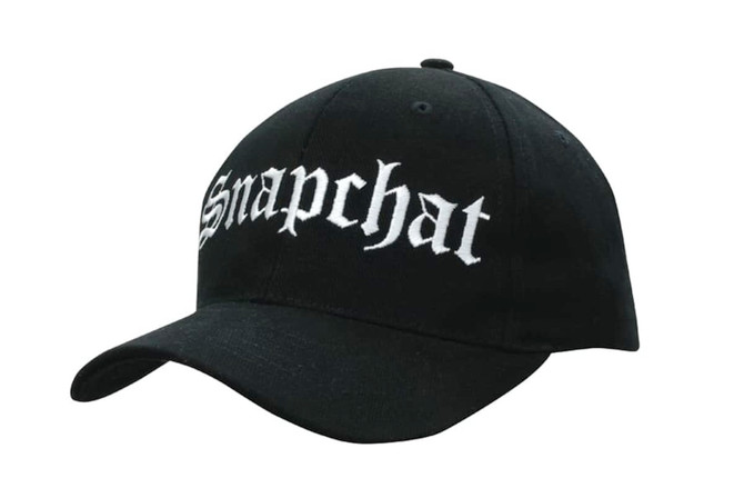 A black cap with a white embroidered logo. It features a curved brim and a snapback closure.