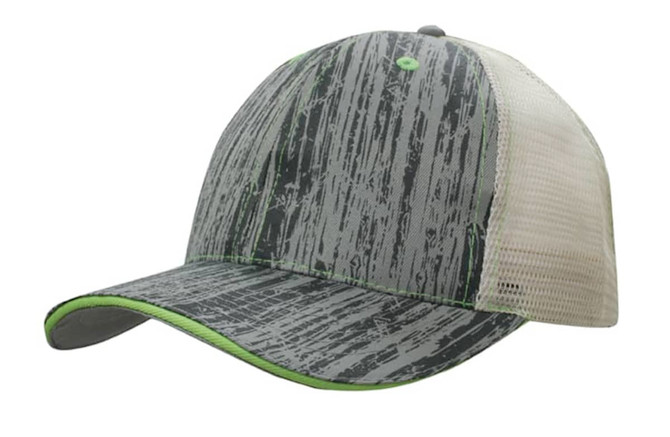 A cap featuring a wood print design with a mesh back, predominantly in grey and green tones.