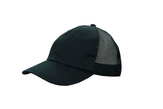 A black cap featuring soft mesh panels at the back and a curved brim. It includes a logo on the front.
