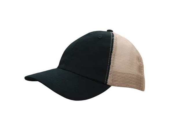 A cap featuring a black front and soft beige mesh back, with a logo on the side.