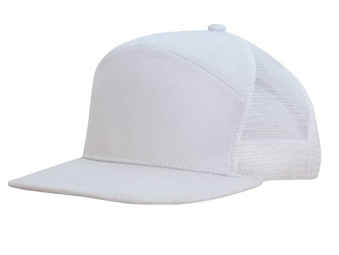 A white A-frame cap with a mesh back, featuring a solid front panel and a flat brim.