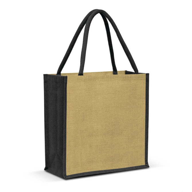 A jute tote bag in a natural tone with black handles and edges, featuring a logo on one side.