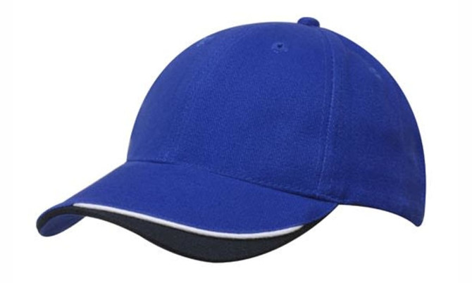 A blue cap with an indented peak, featuring a logo and contrasting dark underbrim.
