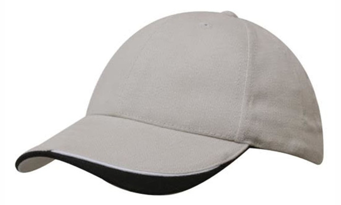 A brushed heavy cotton cap in light grey, featuring an indented peak and a contrasting black trim. It has a logo.