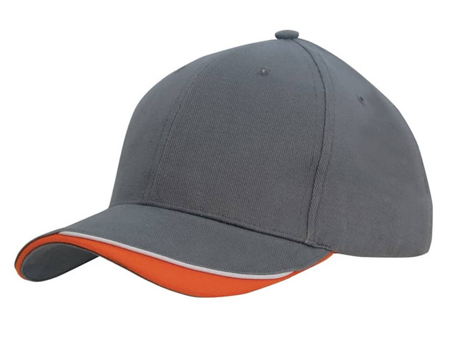 A grey cap with an indented peak and an orange underside, featuring a logo on the side.