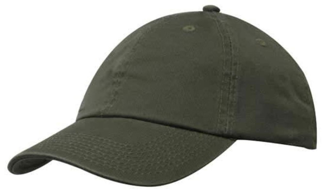 An olive green washed chino twill cap featuring a curved brim and stitching details, with a logo on the side.
