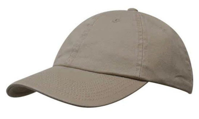 A beige washed chino twill cap with a curved visor and an adjustable strap at the back. It features a logo.
