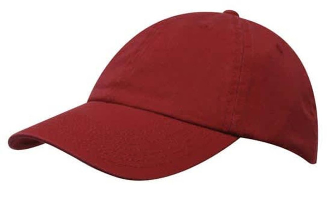A red washed chino twill cap with a curved brim and a fitted design. It features a logo on the side.