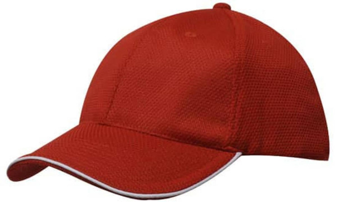 A red double pique mesh cap with an open sandwich design and a contrasting trim. The cap features a logo.