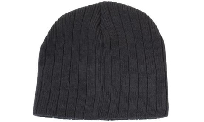 A dark grey cable knit beanie with a ribbed texture and a simple design. It has a logo on one side.