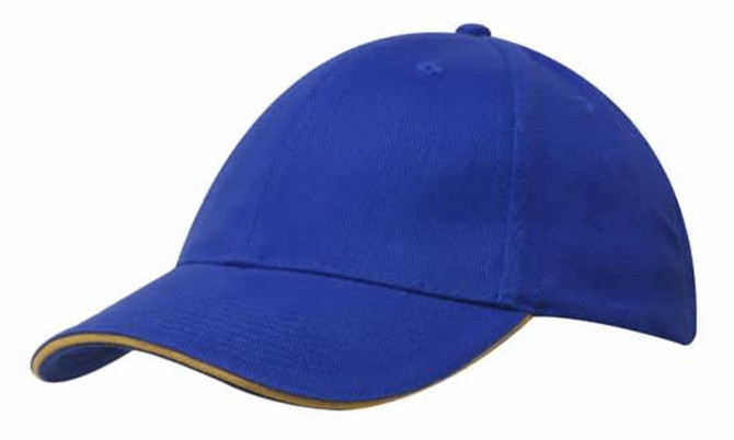 A blue cap with a sandwich trim in gold. It features a structured design and has a logo on the front.