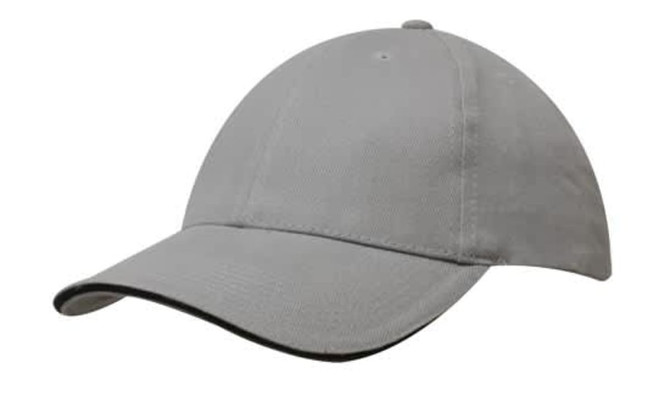 A grey brushed heavy cotton cap featuring a sandwich trim and a logo on the front.