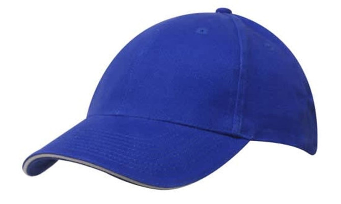 A blue brushed heavy cotton cap with a sandwich trim and an adjustable back strap. Features a logo on the front.