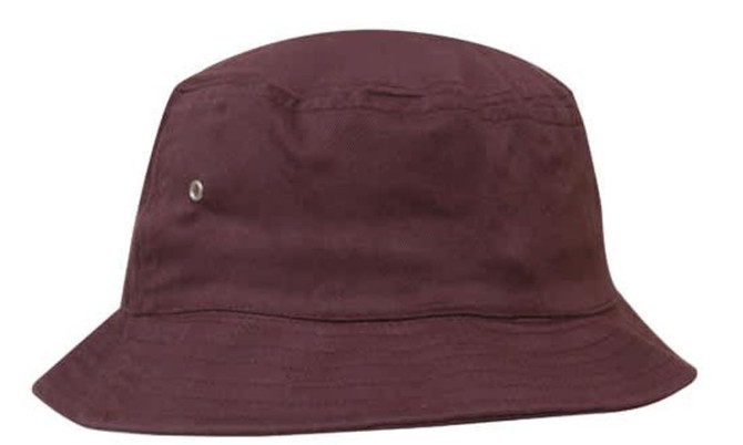A burgundy bucket hat with a simple design and a small brand logo on the side.