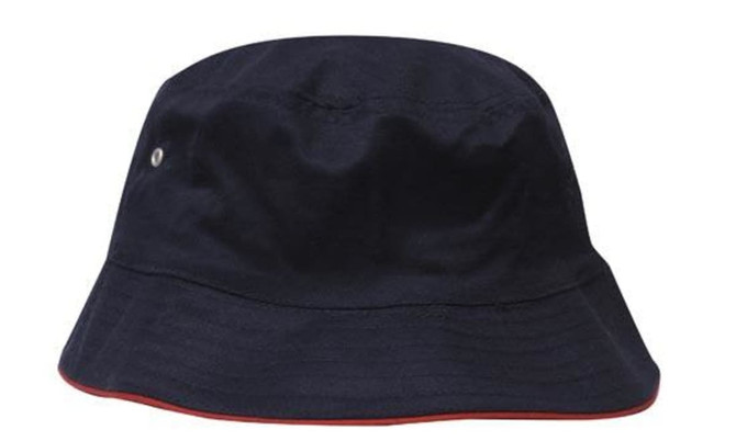A navy bucket hat featuring a wide brim and a contrasting red trim, with a small logo on the side.