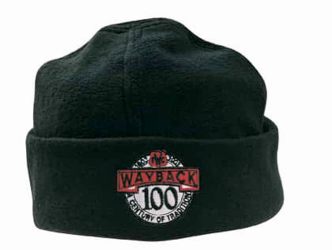 A black micro fleece beanie with a logo featuring the text "Wayback 100" on the front.