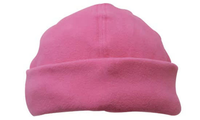 A pink micro fleece beanie with a turned-up brim, featuring a branding logo.