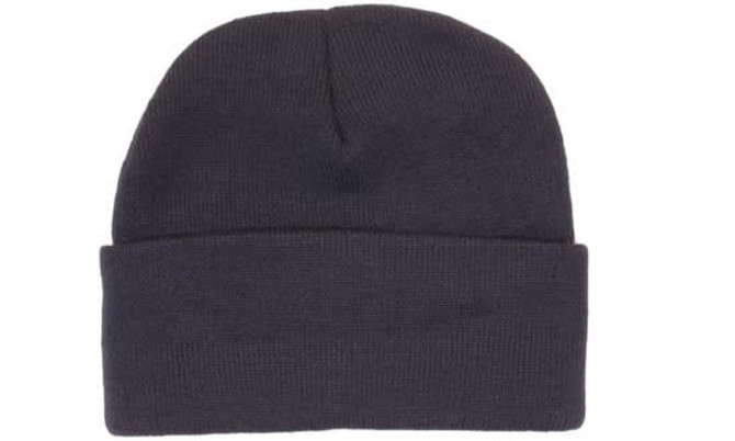 A black acrylic beanie with a folded cuff and a seamless top. It features a small logo on the side.