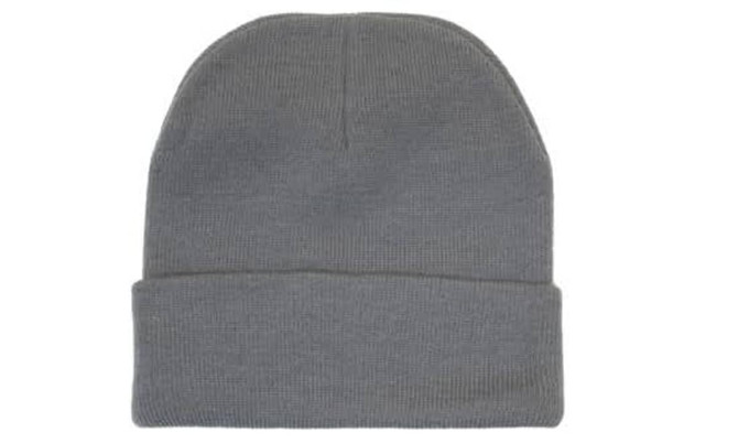 A grey acrylic beanie with a folded cuff, featuring a logo on the side.