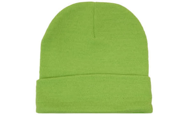 A bright green acrylic beanie with a folded cuff, featuring a branding logo.