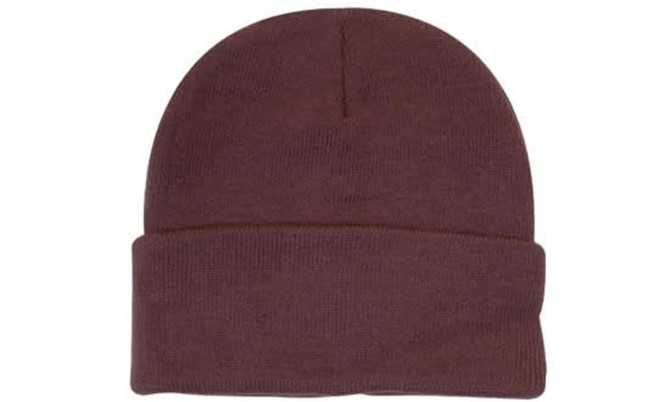 A brown acrylic beanie with a rolled brim. The beanie has a smooth texture and minimalistic design.