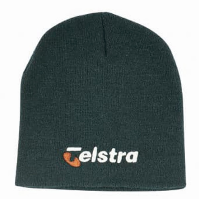 A green rolled down acrylic beanie featuring a logo.