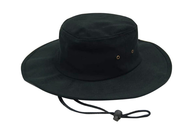 A black heavy cotton hat with a wide brim and adjustable drawstring, featuring ventilation eyelets.