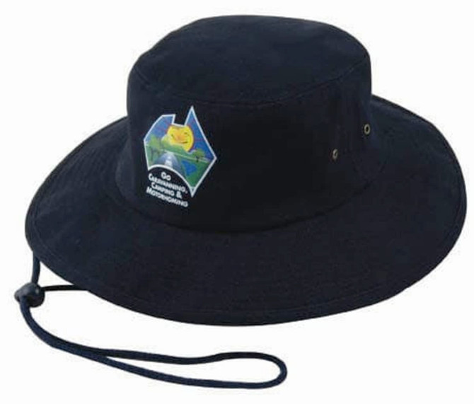 A navy blue wide-brimmed hat with a logo on the front and a chin strap.