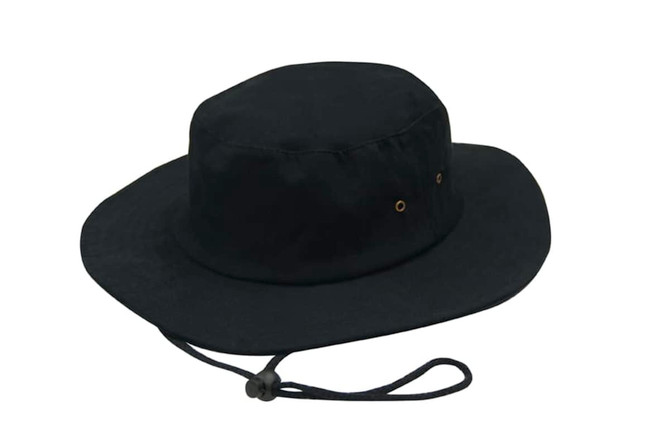 A black brushed heavy sports twill hat with a chin strap and eyelets for ventilation.