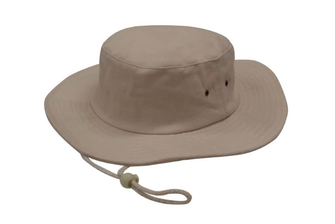 A beige brushed heavy sports twill hat with a wide brim and adjustable chin strap. Features ventilation holes.