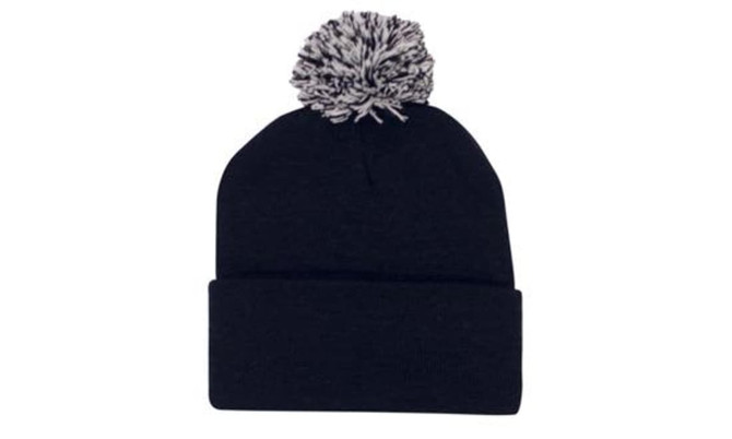 A black acrylic beanie with a grey pom pom on top, featuring a folded cuff.