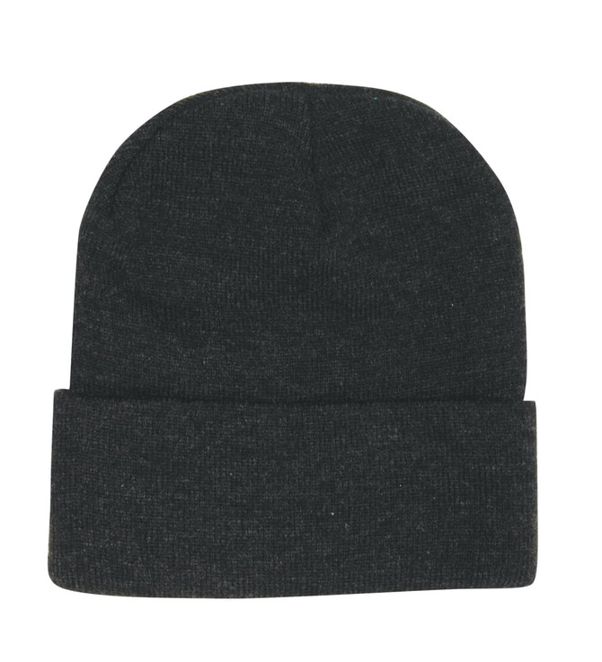 A dark grey acrylic beanie with a folded cuff and a smooth texture. It includes a logo.