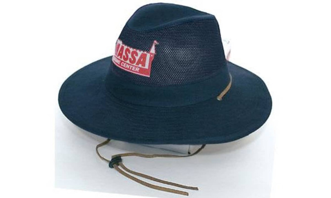 A navy collapsible cotton twill and soft mesh hat with a logo and a chin strap.