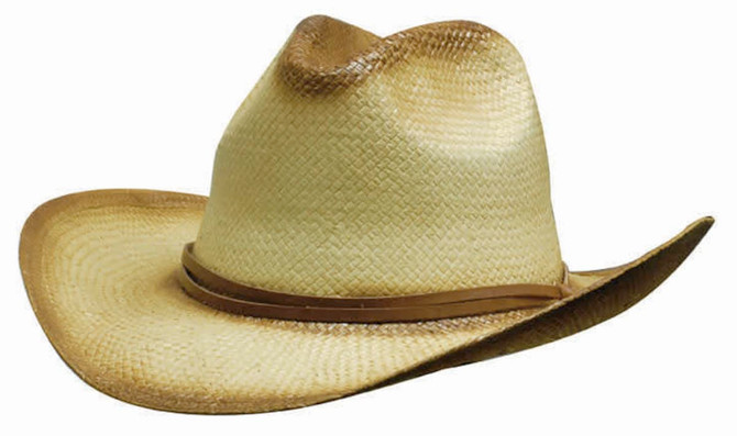 A straw cowboy hat in a tan colour with a brown band around the base and a curved brim.