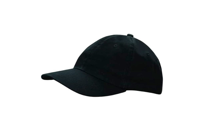 A black washed chino twill cap featuring a curved brim and a logo on the side.