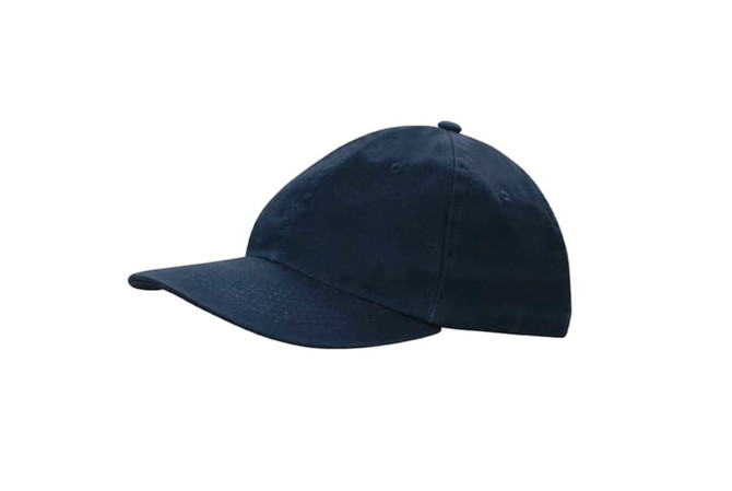 A navy washed chino twill cap with a curved brim and adjustable strap at the back. It features a logo.