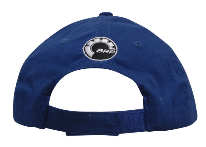 A blue brushed cotton cap featuring an embroidered logo on the back and an adjustable strap.