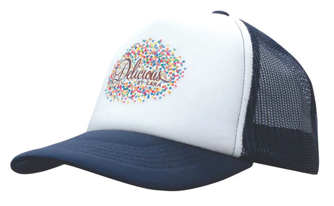 A white and navy trucker's mesh cap featuring a colourful dotted design and a logo.