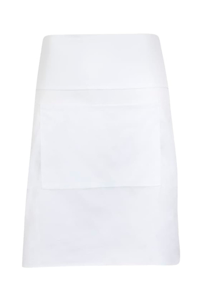 A white short waist apron made of 100% cotton canvas, featuring a single front pocket and a logo.
