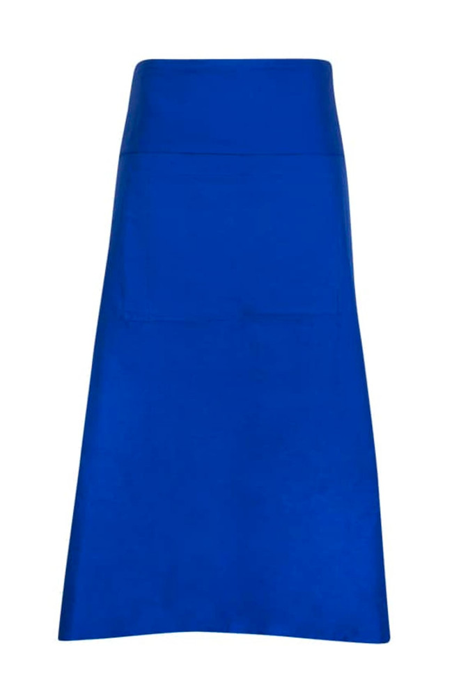 A blue long waist apron made from 100% cotton canvas, featuring a front pocket and a branding logo.